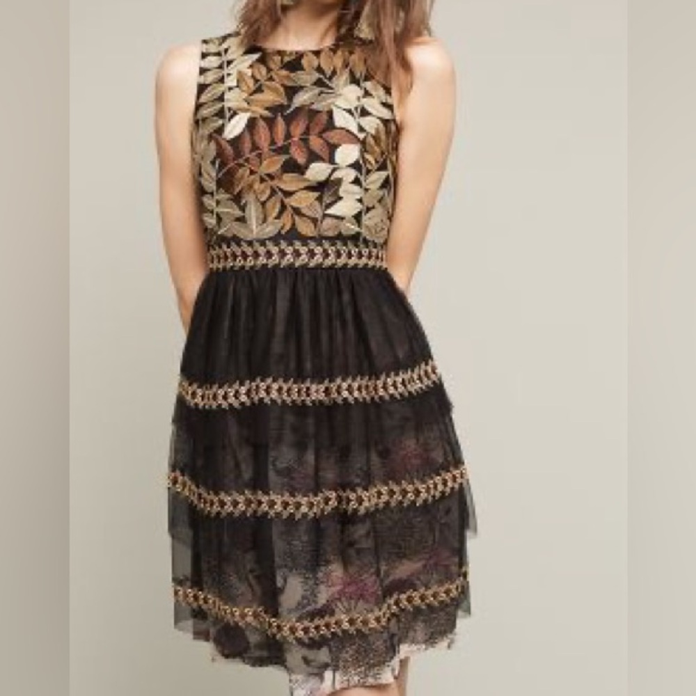 Varun Bahl Leaf Embroidered Vigne Tiered Dress